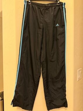 Adidas Womens Black Track Pants with Light Blue Stripes